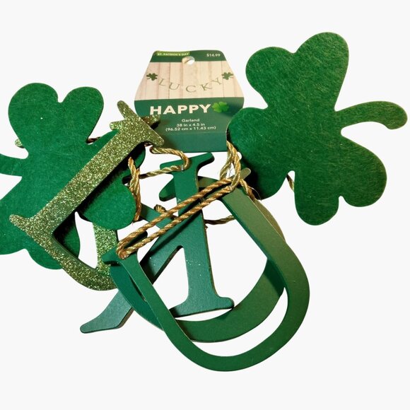 Lucky St Patricks Day Garland 38 In Green Glitter Shamrocks Luck of Irish - Picture 3 of 12